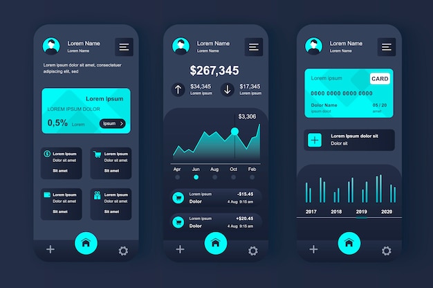 Unikalny Zestaw Neomorficzny Usług Finansowych Dla Aplikacji Mobilnych. Ekran Bankowości Internetowej Z Wykresami I Analizami Finansowymi. Interfejs Zarządzania Finansami, Zestaw Szablonów Ux. Gui Dla Responsywnej Aplikacji Mobilnej