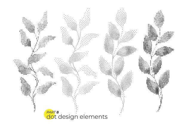 Uniwersalny, modny zestaw w kropki Jasna, pogrubiona kompozycja elementów w kropki Elementy roślinne w powściągliwym, trwałym, hartowanym stylu puentylizmu Dla projektu Design Magazyn Ulotka Billboard Reklama