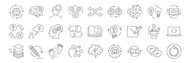 Unlearning ReLearning line icon set Piktogramy wektorowe adaptacji wiedzy ilustracja
