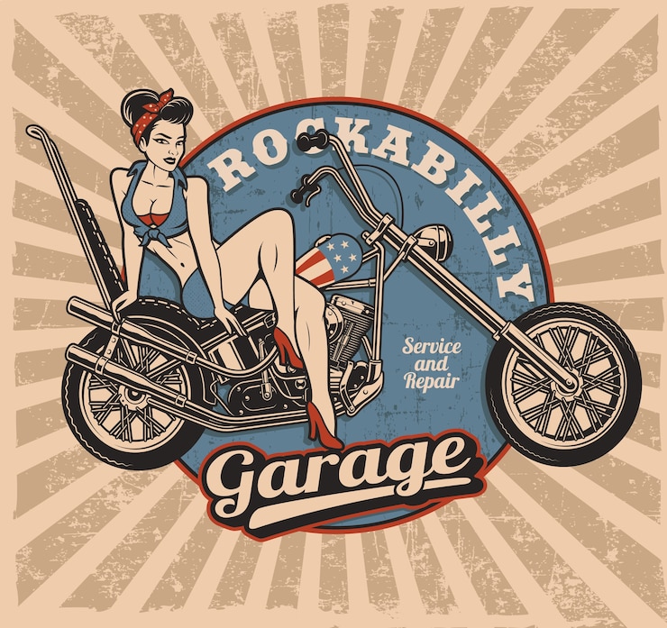 Wektor upiąć dziewczyna na motocyklu, monochromatyczne vintage ilustracji na białym tle. wszystkie elementy, tekst znajdują się na osobnej warstwie. (wersja kolorowa)