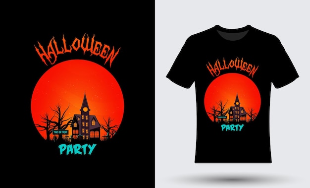 Upiorna ilustracja koszulki Halloween z kolorowym księżycowym tłem w nocy