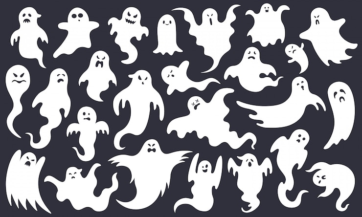 Wektor upiorny duch halloween. straszne postacie duchów, latać zabawny zjawa, ładny, uśmiechnięty przestraszyć halloween maskotki duchów zestaw ilustracji. halloweenowy duch biały, straszny kreskówka poltergeist