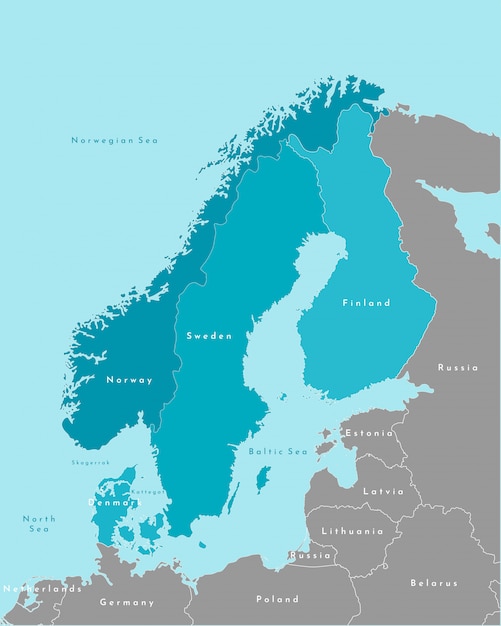 Plik wektorowy uproszczona mapa polityczna krajów skandynawskich i europy północnej w kolorach niebieskim, a najbliższe obszary w kolorze szarym.