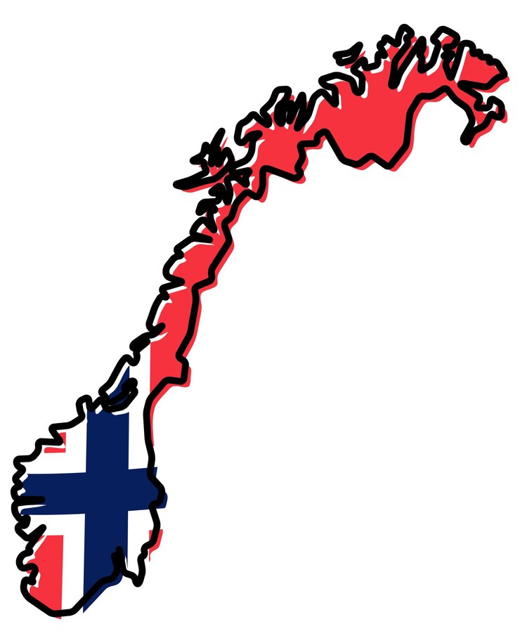 Wektor uproszczona mapa zarysu norwegii z lekko wygiętą flagą pod nią.