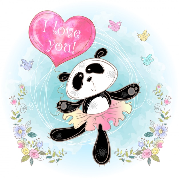 Urocza baletnica Panda z balonem w kształcie serca.