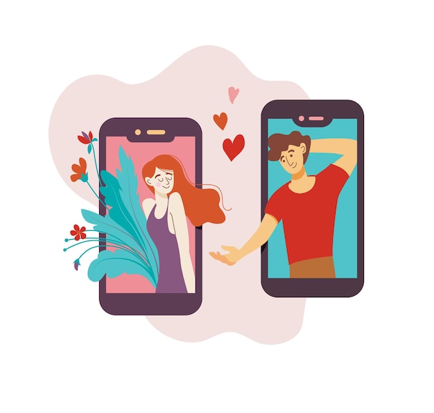 Urocza dziewczyna i facet spotykają się w Internecie przez telefon komórkowy