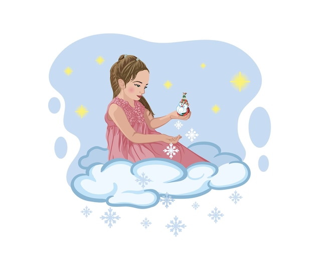 Plik wektorowy urocza dziewczyna na chmurze leje płatki śniegu na tle rozgwieżdżonego nieba i płatków śniegu