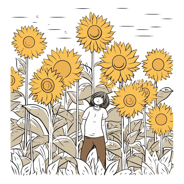 Plik wektorowy urocza dziewczynka na polu z słonecznikami wektorowy projekt ilustracji