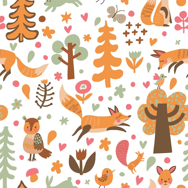 Plik wektorowy urocza jesienna koncepcja dziecinny wzór z wiewiórką sową lisów i ptakami w grzybach