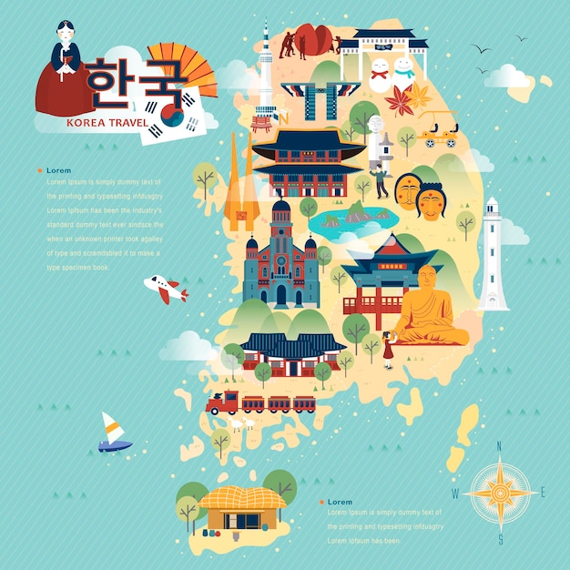 Urocza Mapa Podróży Korei Południowej W Płaskim Stylu - Korea W Koreańskich Słowach W Lewym Górnym Rogu