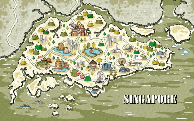 Urocza Mapa Podróży Singapuru W Ręcznie Rysowane Stylu