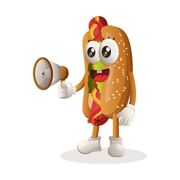 Urocza maskotka hotdog trzymająca megafon