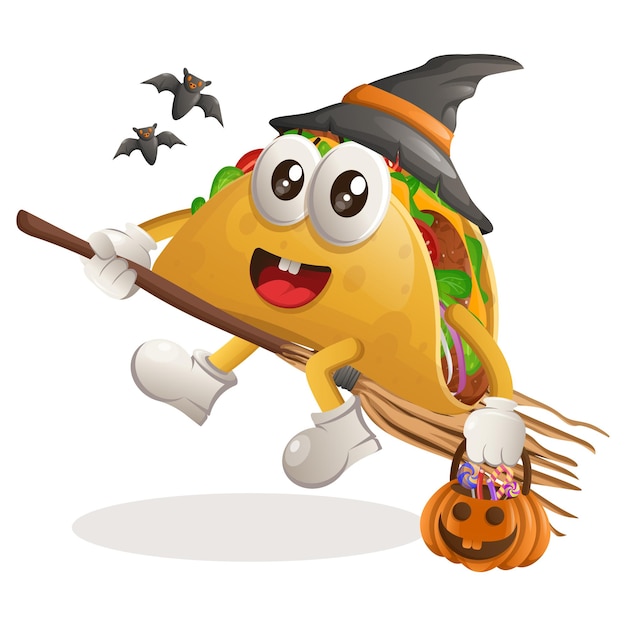 Plik wektorowy urocza maskotka taco wiedźma trzymająca dynię halloween