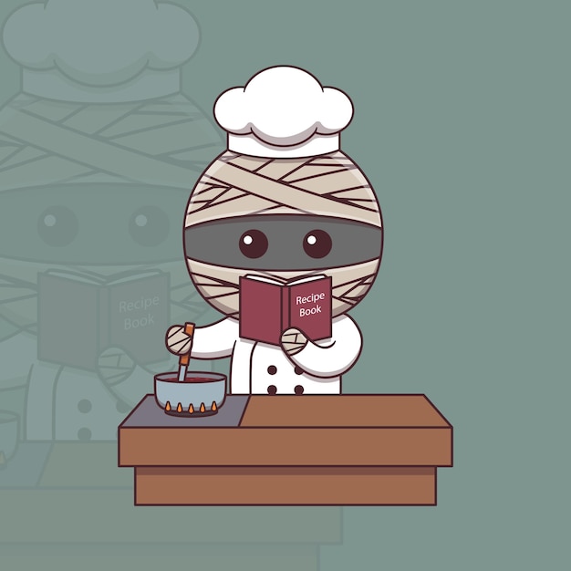 Urocza mumia kucharz gotuje patrząc na książkę kucharską