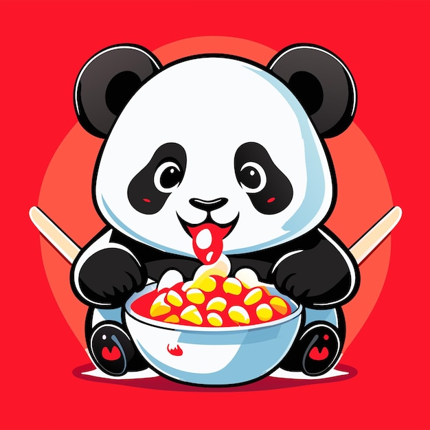 Urocza Panda Jedząca Smażony Ryż Z Kurczaka W Dużym Bo