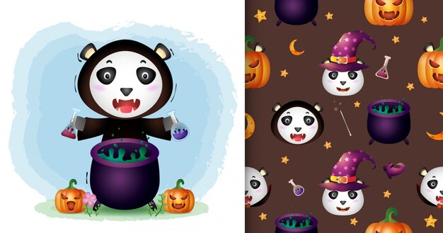 Urocza Panda Z Kolekcją Halloweenowych Kostiumów Wiedźmy. Bez Szwu Wzorów I Ilustracji