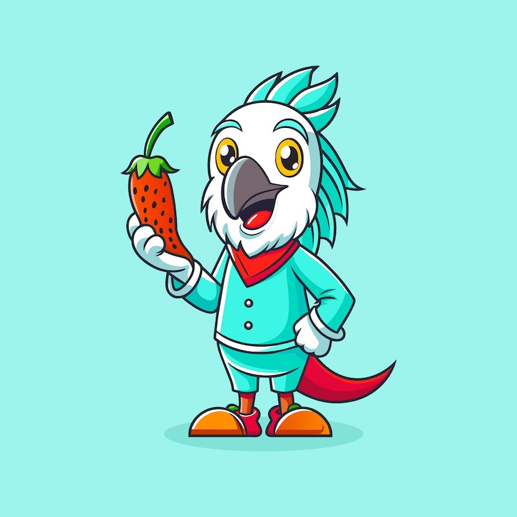 Wektor urocza papuga trzymająca chili papuga ilustracja ptaków z kreskówek