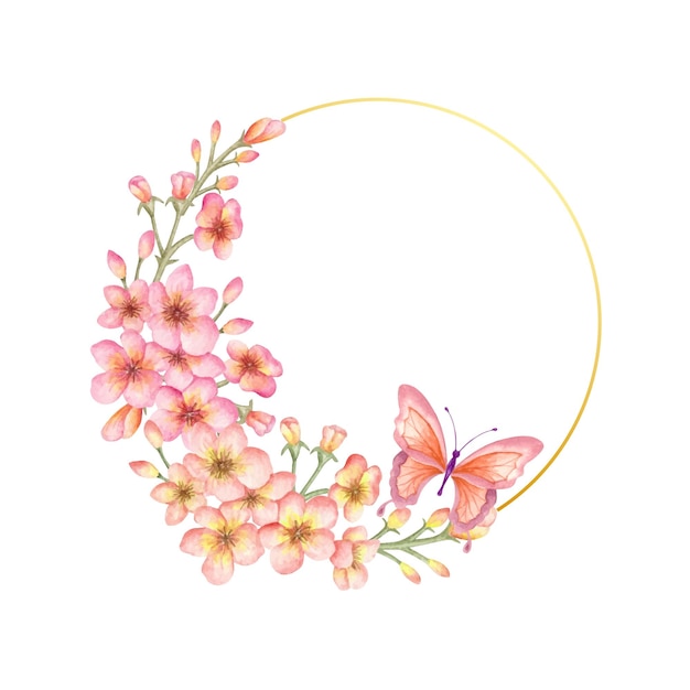 Urocza Piękna Akwarelowa Wiosna Sakura Kwiatowy Rama Z Motylem