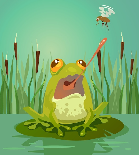 Urocza Postać żaby Poluje Na Komary. Ilustracja Kreskówka Płaski Wektor