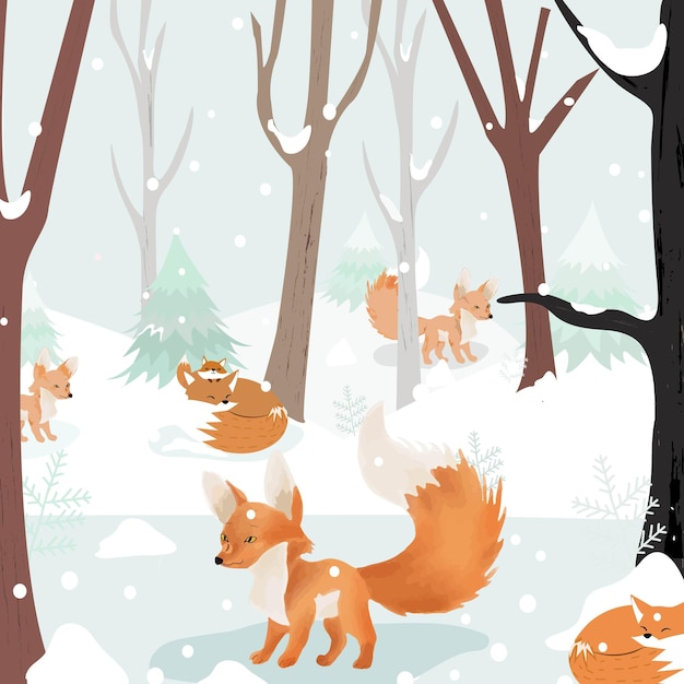 Plik wektorowy urocza rodzina wilczych lisów w zimowej dżungli