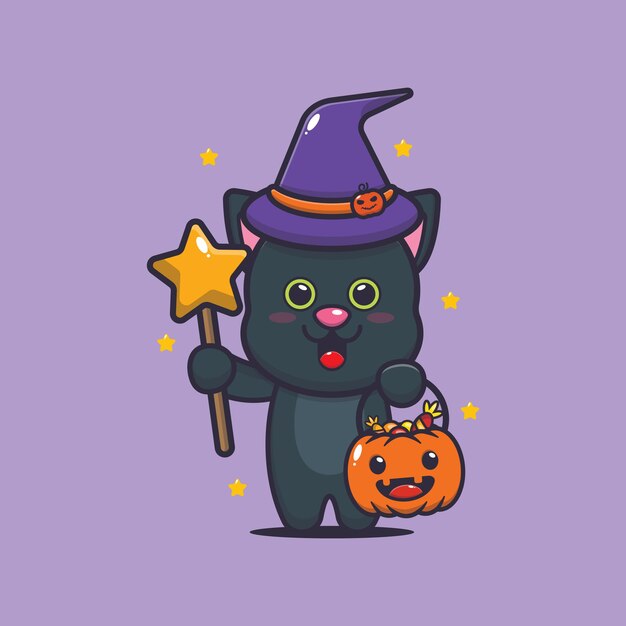 Urocza Wiedźma Kot Z Magiczną Różdżką Niosąca Dynię Halloween śliczną Ilustrację Kreskówki Halloween