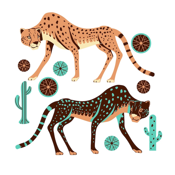 Wektor urocze polowanie na gepardy z spinifex grass and cactus illustration