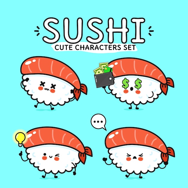 Urocze postacie z kreskówek sushi wyrażają szereg emocji idealnych do zabawnych projektów i jedzenia