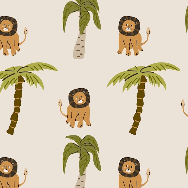 Plik wektorowy urocze zwierzę tropikalne lew siedzący i palma bezszwowy wzór