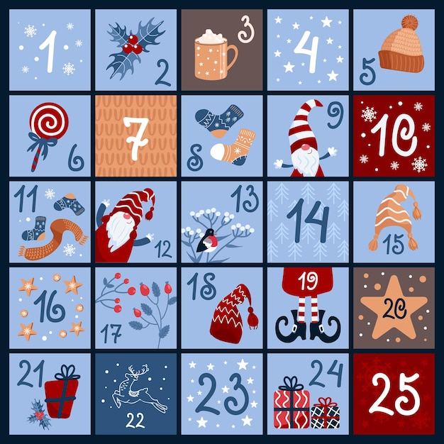 Plik wektorowy uroczy kalendarz adwentowy ciepłe zimowe ubrania słodycze prezenty świąteczne krasnale gil gorąca czekolada