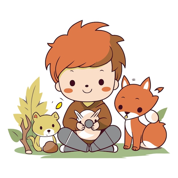 Plik wektorowy uroczy mały chłopiec z zwierzętami w parku postacie wektorowe ilustracje