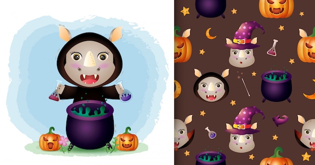 Uroczy Nosorożec Z Kolekcją Halloweenowych Kostiumów Wiedźmy. Bez Szwu Wzorów I Ilustracji