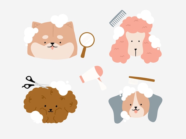 Uroczy pies z bańką w strefie przyjaznej dla psów Groomer Salon. Salon fryzjerski dla zwierząt, Sklep do stylizacji i pielęgnacji. Sklep zoologiczny dla psów z elementami ciętej wełny, szczotki grzebieniowej, suszarki, ręcznego lusterka i grzebienia.