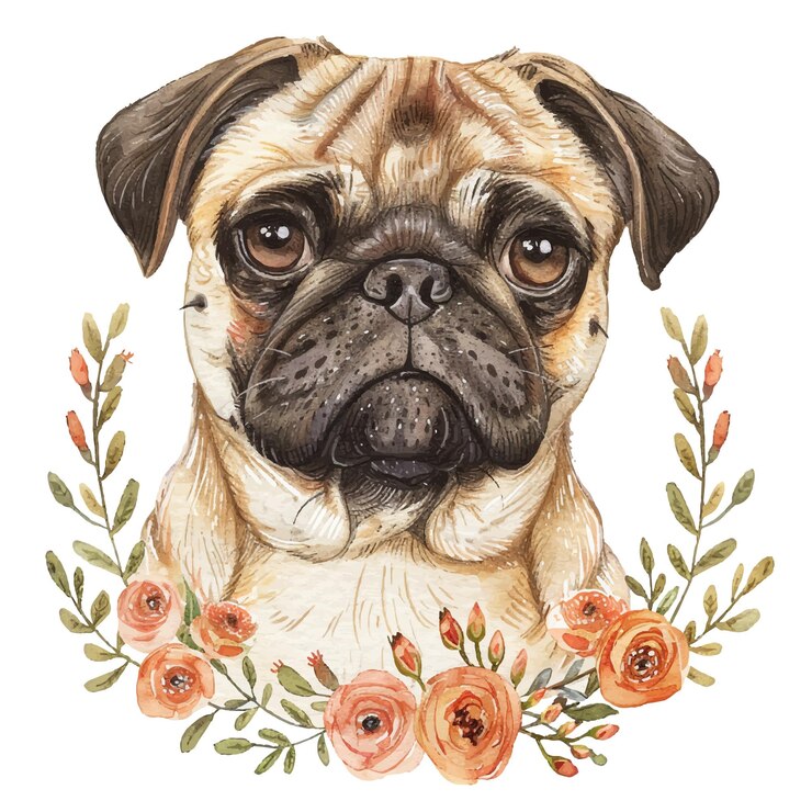 Wektor uroczy pug z wieńcem kwiatowym ilustracja wektorowa w stylu akwarelu
