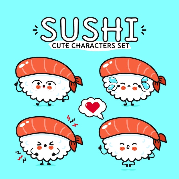 Uroczy zestaw postaci sushi wyrażających różne emocje z sercem na niebieskim tle