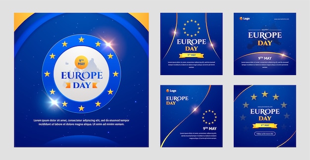 Plik wektorowy uroczystość dnia europy gradientów zbiór postów na instagramie
