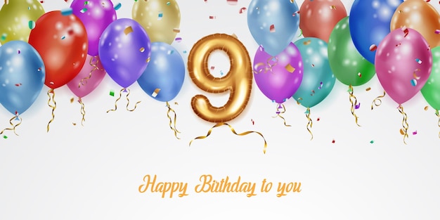 Uroczysty urodziny ilustracja z kolorowych balonów helem duży numer 9 złoty balon foliowy latający błyszczące kawałki serpentyn i napis Happy Birthday na białym tle