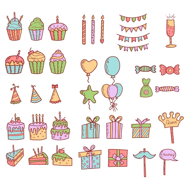 Plik wektorowy urodzinowe dekoracje na przyjęcie z życzeniami prezenty przedstawiają babeczki celebrację tortu