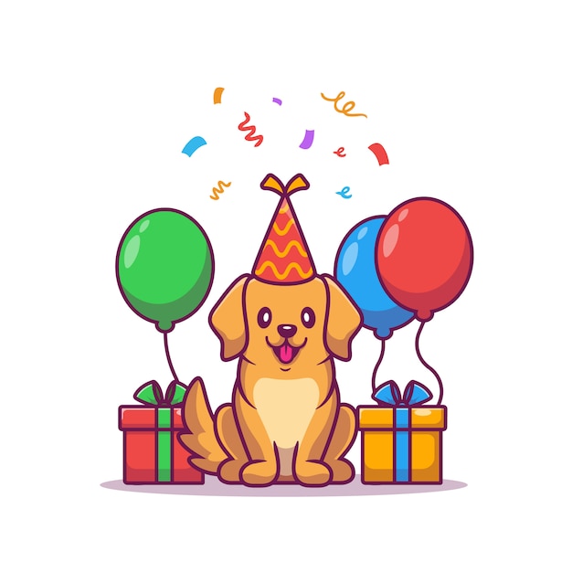 Urodziny Cute Dog Z Prezentami I Balonów Cartoon Ilustracji.