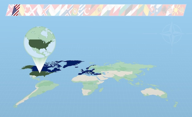 Usa Członek Sojuszu Północnoatlantyckiego Wybrany Perspektywicznie Mapy świata Flagi 30 Członków Sojuszu