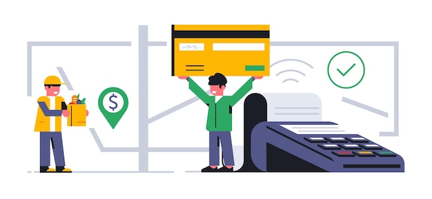 Usługa Dostawy żywności Online Do Domu Kurier Dostarczył Produkty Na Adres Zamówienia Mapa Ulica Lokalizacja Terminal Płatniczy Karta Bankowa Pieniądze Jedzenie Produkt Ilustracja Wektorowa