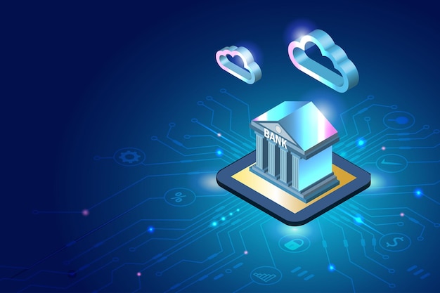 Plik wektorowy usługa inwestycji cyfrowych i bankowych na mikroprocesorze z chmurą obliczeniową w futurystycznym stylu