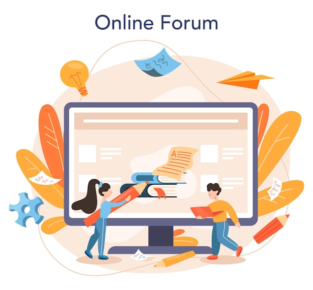 Usługa lub platforma copywriter Pomysł pisania tekstów kreatywność i promocja Tworzenie wartościowych treści Forum internetowe Płaska ilustracja wektorowa