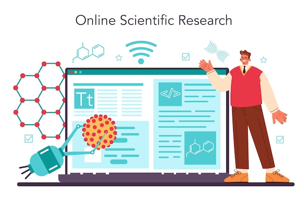 Plik wektorowy usługa lub platforma internetowa dotycząca inżynierii nano. naukowcy pracują z nanocząstkami na potrzeby rozwoju medycyny i technologii. badania online. płaskie ilustracji wektorowych.