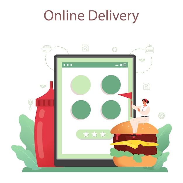 Plik wektorowy usługa lub platforma online typu fast food, burger house. szef kuchni gotuje smaczny hamburger. dostawa do restauracji typu fast food.