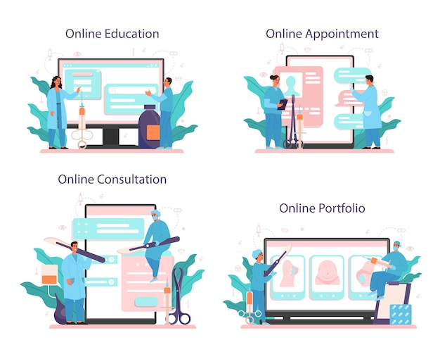 Usługa online lub zestaw platform chirurga plastycznego. Idea korekty ciała. Edukacja online, portfolio, spotkanie, konsultacje.