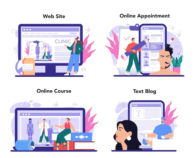 Plik wektorowy usługa online lub zestaw platformy do chirurgii plastycznej. idea współczesnej medycyny estetycznej. zabieg liposukcji i liftingu. spotkanie online, kurs, blog, strona internetowa. ilustracja wektorowa