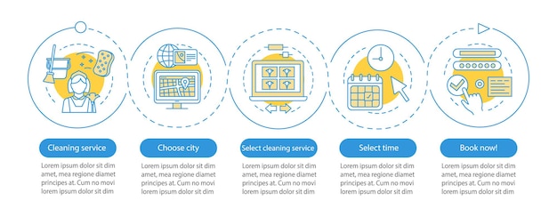 Usługa Sprzątania Rezerwacja Wektor Infografika Szablon. Wypełnianie Formularzy. Elementy Projektu Prezentacji Biznesowych. Wizualizacja Danych, Pięć Kroków, Opcja. Wykres Osi Czasu Procesu. Układ Przepływu Pracy, Ikony Liniowe