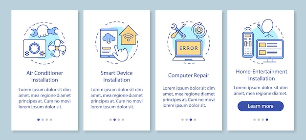 Usługi Domowe Dla Urządzeń Elektronicznych Wprowadzające Ekran Strony Aplikacji Mobilnej Z Liniowymi Koncepcjami. Naprawa Komputera. Instrukcje Graficzne W Czterech Krokach. Ux, Ui, Szablon Wektorowy Gui, Ilustracje