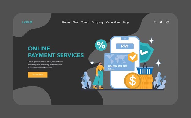 Plik wektorowy usługi internetowe w trybie nocnym lub ciemnym, strona internetowa lub strona docelowa, usługi płatności online uproszczone