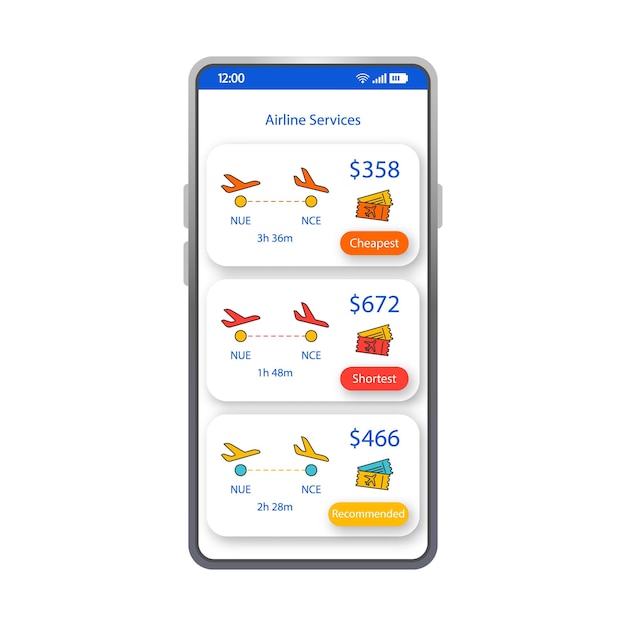 Usługi lotnicze aplikacji smartphone interfejs szablon wektor. Biała strona aplikacji rezerwacji biletów lotniczych na telefon komórkowy. Najtańszy, najkrótszy ekran z biletami. Płaska aplikacja do lotów last minute z interfejsem użytkownika